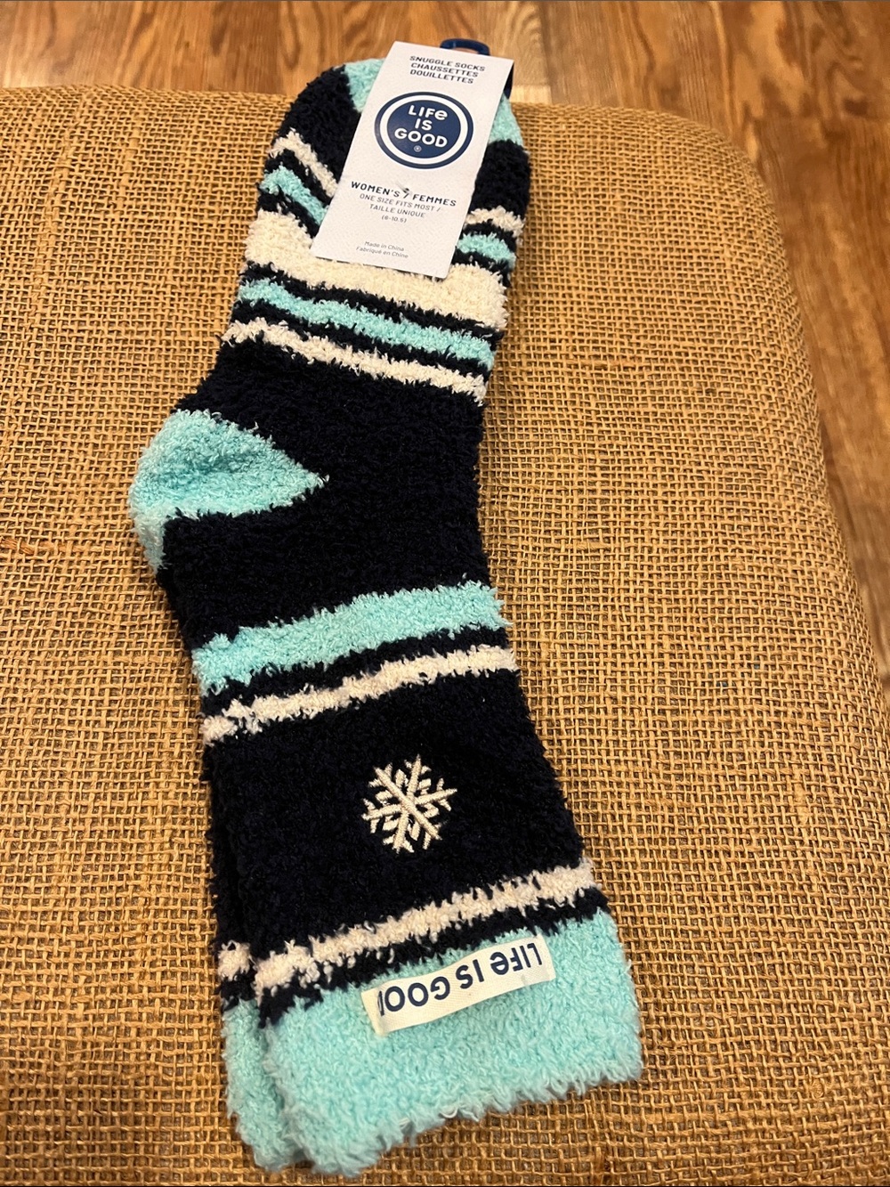 Life Is Good Cozy Fuzzy Stripe Crew Socks in Black, Light Blue & Cream